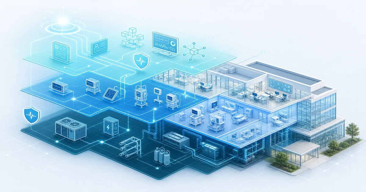 Infografía isométrica de hospital inteligente en tonos azules: capa digital con datos clínicos y ciberseguridad, capa de equipamiento médico conectado (monitores, ventiladores, bombas) e infraestructura física HVAC, energía y gases; edificio en corte con control, UCI y acceso — confiabilidad tecnológica en hospitales IT/OT e IoMT