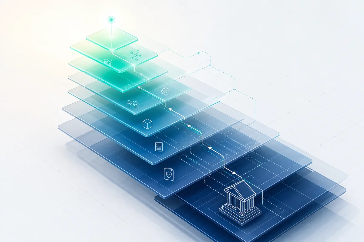 Infografía isométrica de capas translúcidas en gradiente azul a verde: banco tradicional en la base, iconos de cumplimiento, datos, equipos, métricas y ecosistema digital, con camino ascendente hacia la cima iluminada — Innovation Accounting en banca, value stream funding, NIIF 38 y sandboxes regulatorios LATAM
